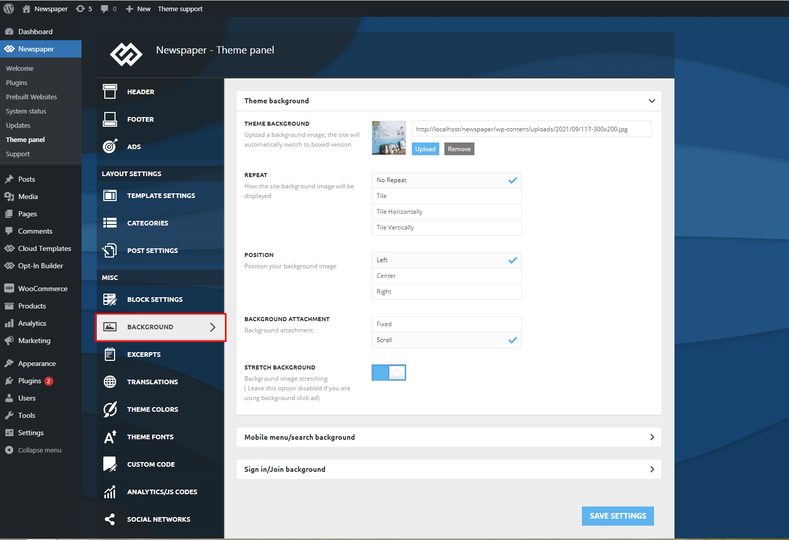 Settings ui. Site Theme document.