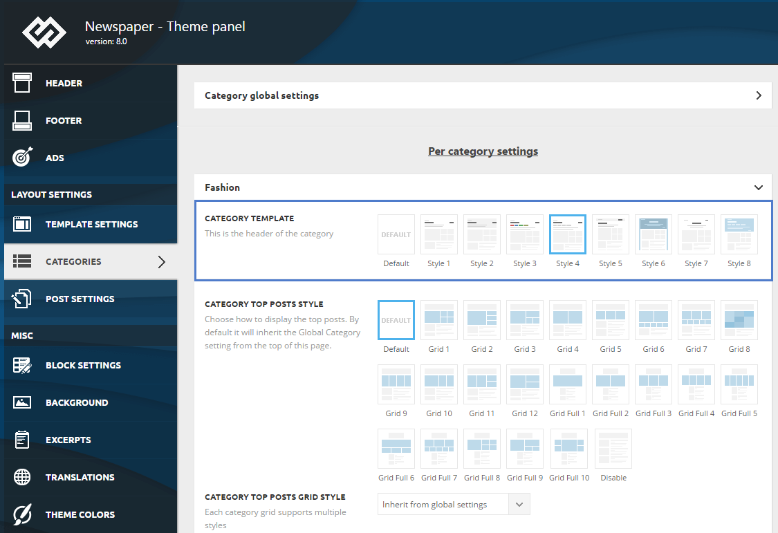 Default Category Settings div Support