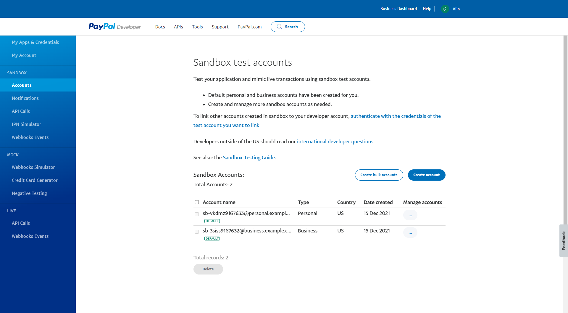 PayPal sandbox test accounts list