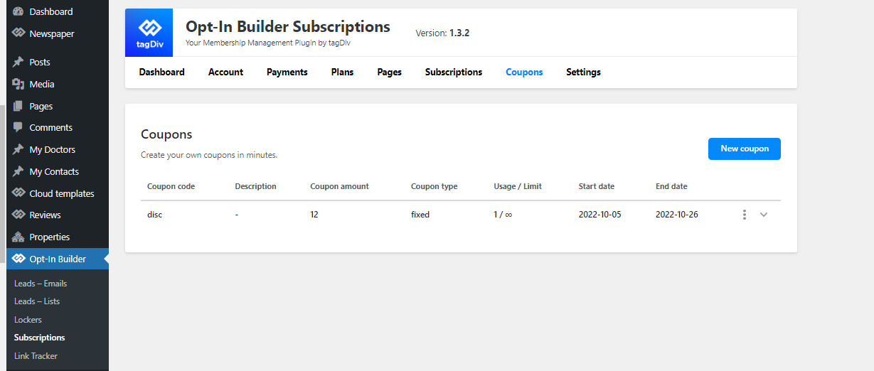 Opt-In Builder > Subscription > Coupons